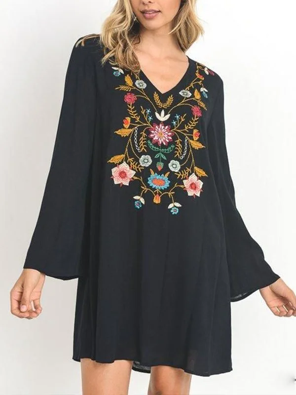 Women's  Casual V Neck  Solid Long Sleeve Floral Dresses