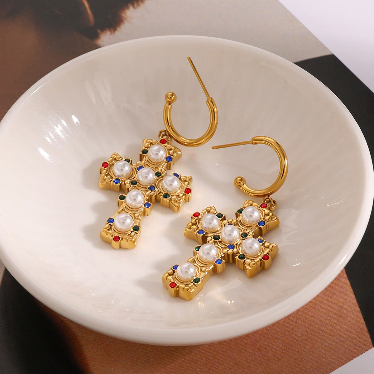 Jie Ding Stainless Steel Colored Diamond Cross Earrings Personalized Earrings Titanium Steel Earrings