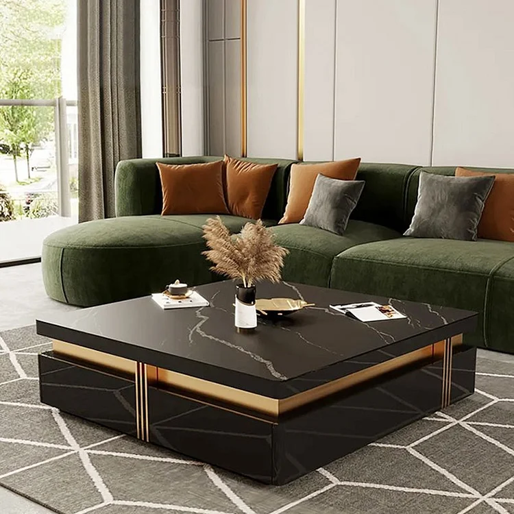 Homemys 43.3" Modern Square Storage Coffee Table Stone Top & 4 Wood Drawers