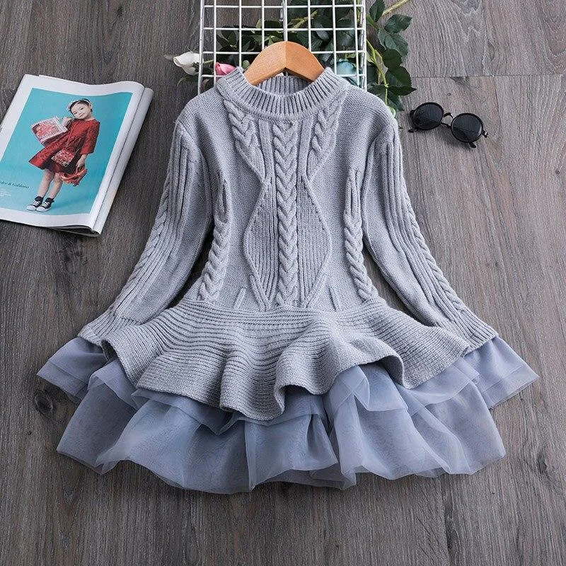 Knitted Sweater Dress for Girls Autumn Winter Clothes Ribbed Long Sleeve Kids Party Costume Casual Wear Princess Christmas Dress