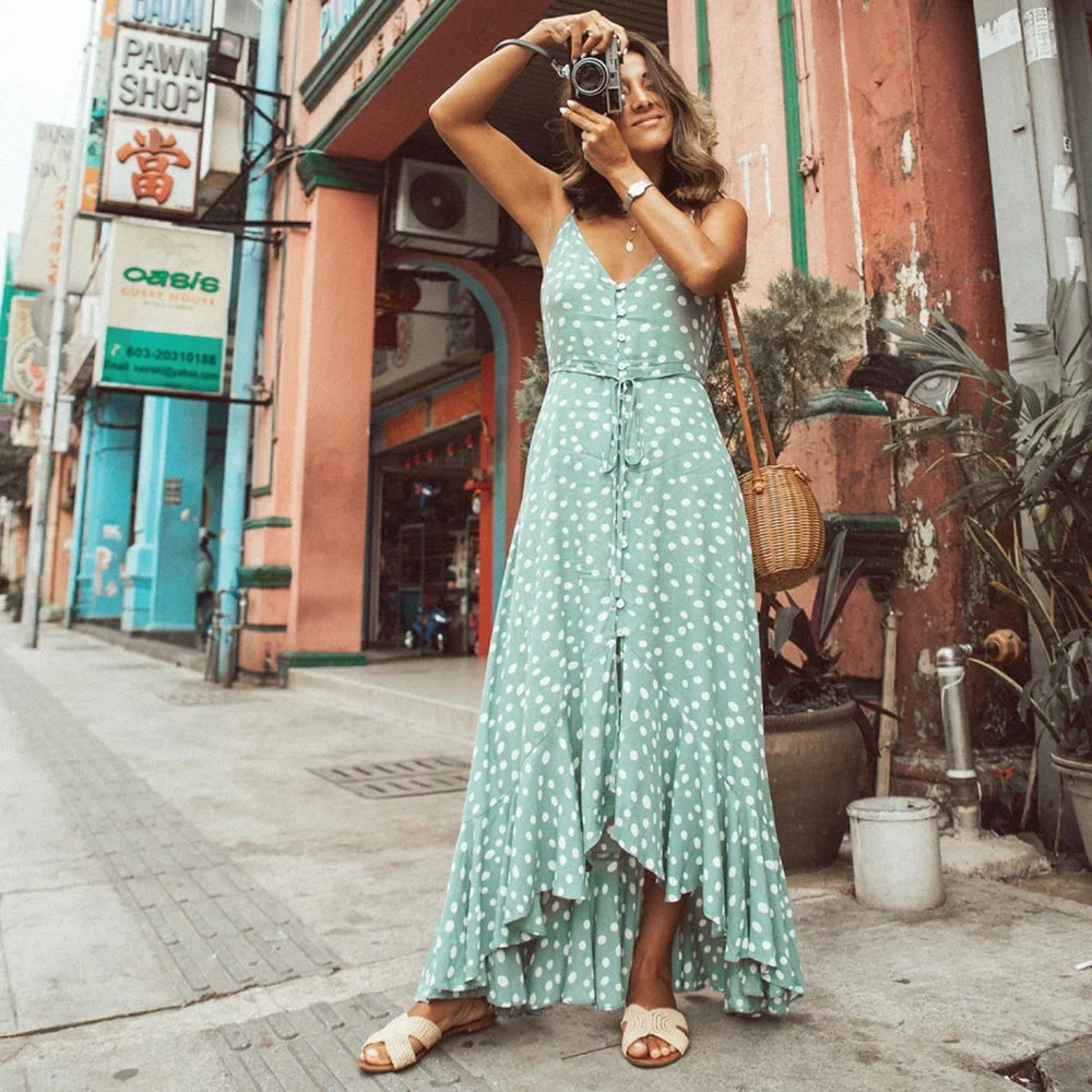 WildPinky Elegant Polka dot boho women midi summer dress Sexy v-neck strap button A-line dress Female print beach vestidos