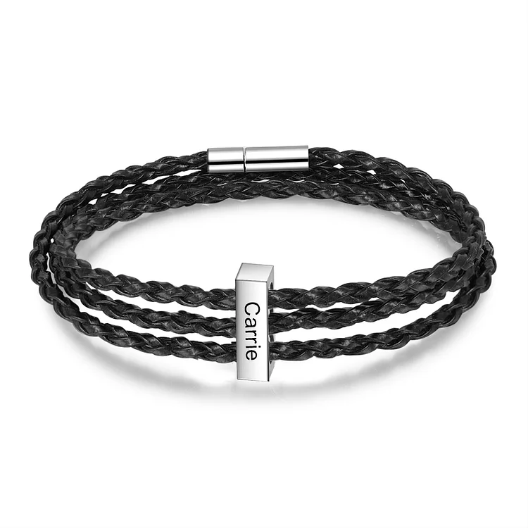 Men Leather Bracelet with Vertical Bar Engraved 1 Name Bracelet