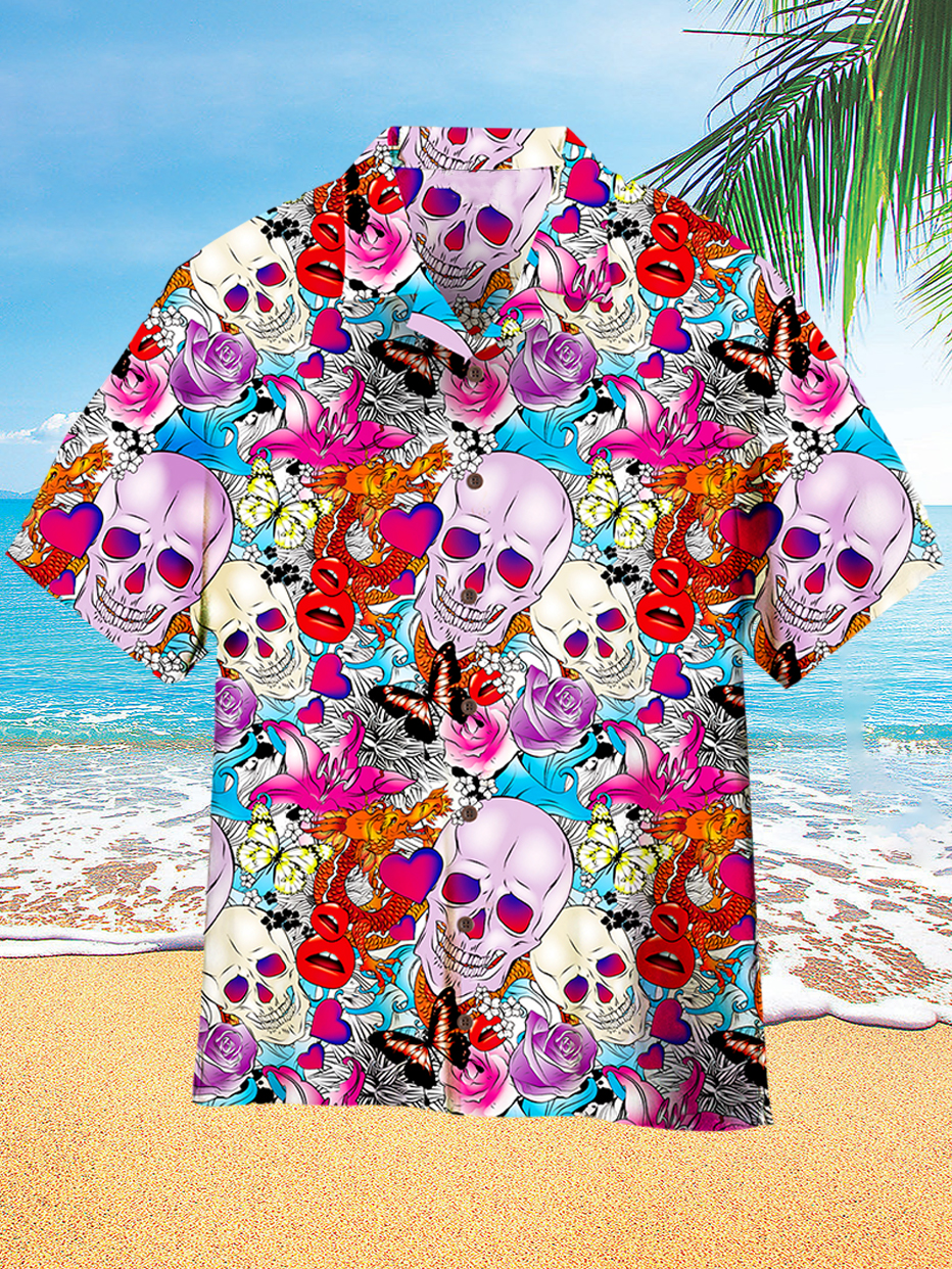 Floral Skull Butterfly Hawaiian Print Men's Short Sleeve Cuban Collar Shirt PLUSCLOTHESMAN