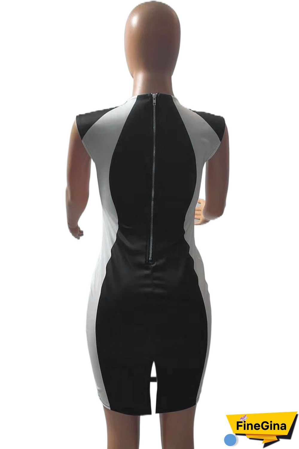 Black khaki Elegant Color Lump Slit Contrast O Neck One Step Skirt Dresses