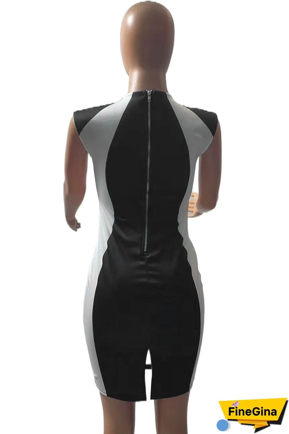 Black khaki Elegant Color Lump Slit Contrast O Neck One Step Skirt Dresses