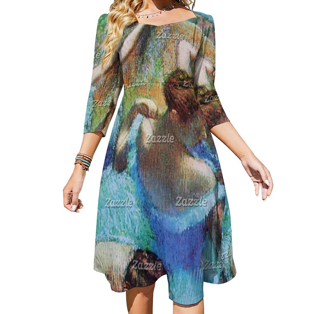 Vintage Edgar Dega Blue Dancers Dress Sweetheart Tie Back Flared 3/4 Sleeve Midi Dresses