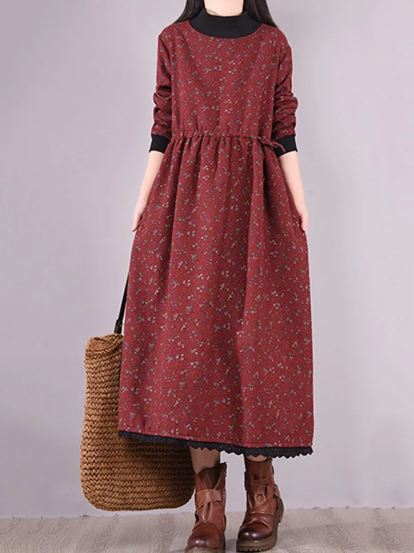 Artistic Retro Velvet Floral Stamped Stand Collar Long Sleeves Midi Dress