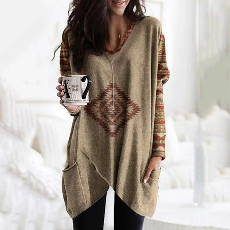 Long Sleeves Western Prismatic Print Casual V Neck Tunic