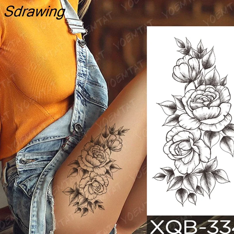 Sdrawing Temporary Tattoo Sticker Rose Snake Flower Tattoos Lace Tiger Dragon Body Art Arm Fake Sleeve Tatoo Women