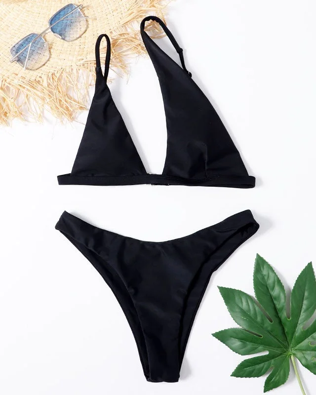 One-shoulder solid color bikini two-piece swimsuit