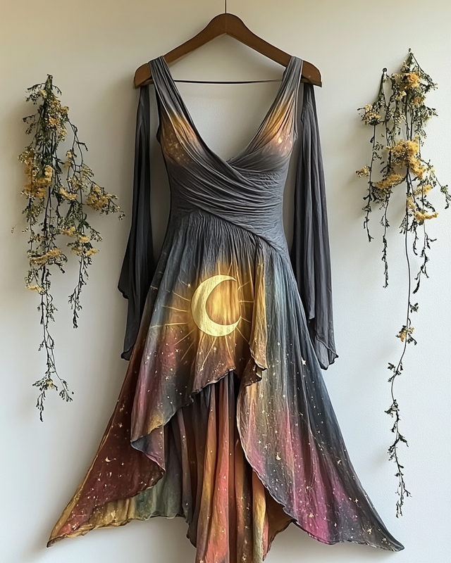 Summer Fashion Tie-Dye Star and Moon Embroidered Dress bfd0