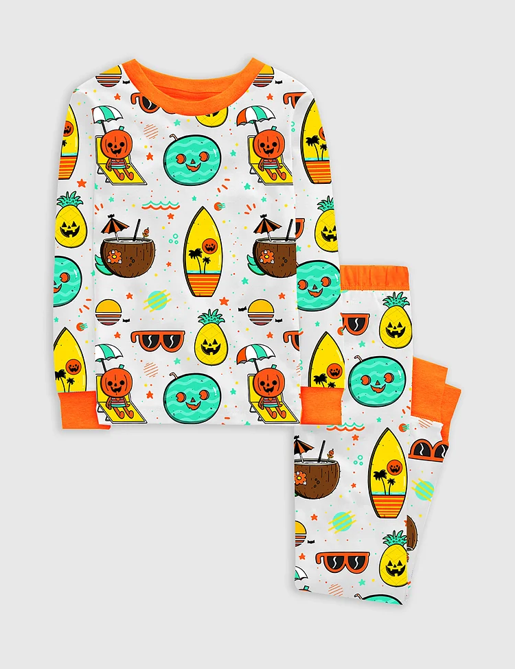 Kid's Summerween Spooky Beach Vibes Pumpkin Trendy Summer Print Long Sleeve Pajama Set