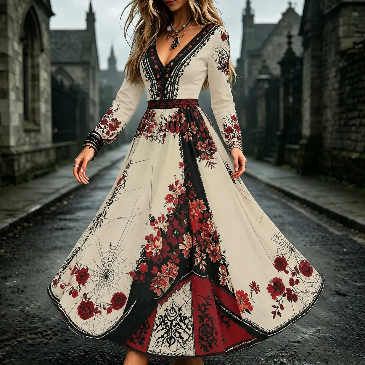 Women's Retro Halloween Floral Spiderweb Color Block Art Print V-neck Long Sleeve Dress artswardrobe