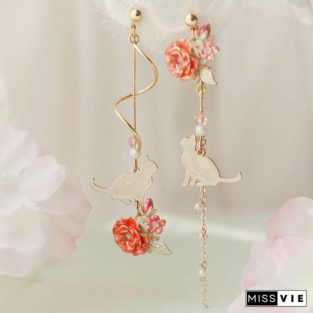 Asymmetrical Cat Blossom 925 Sterling Silver Stud Earrings Ear Clip