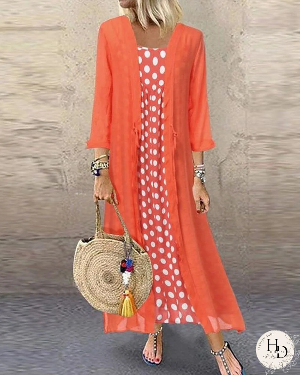 Women's Two Piece Dress Maxi Long Dress - Long Sleeve Polka Dot Print Spring & Summer Casual Loose Dress