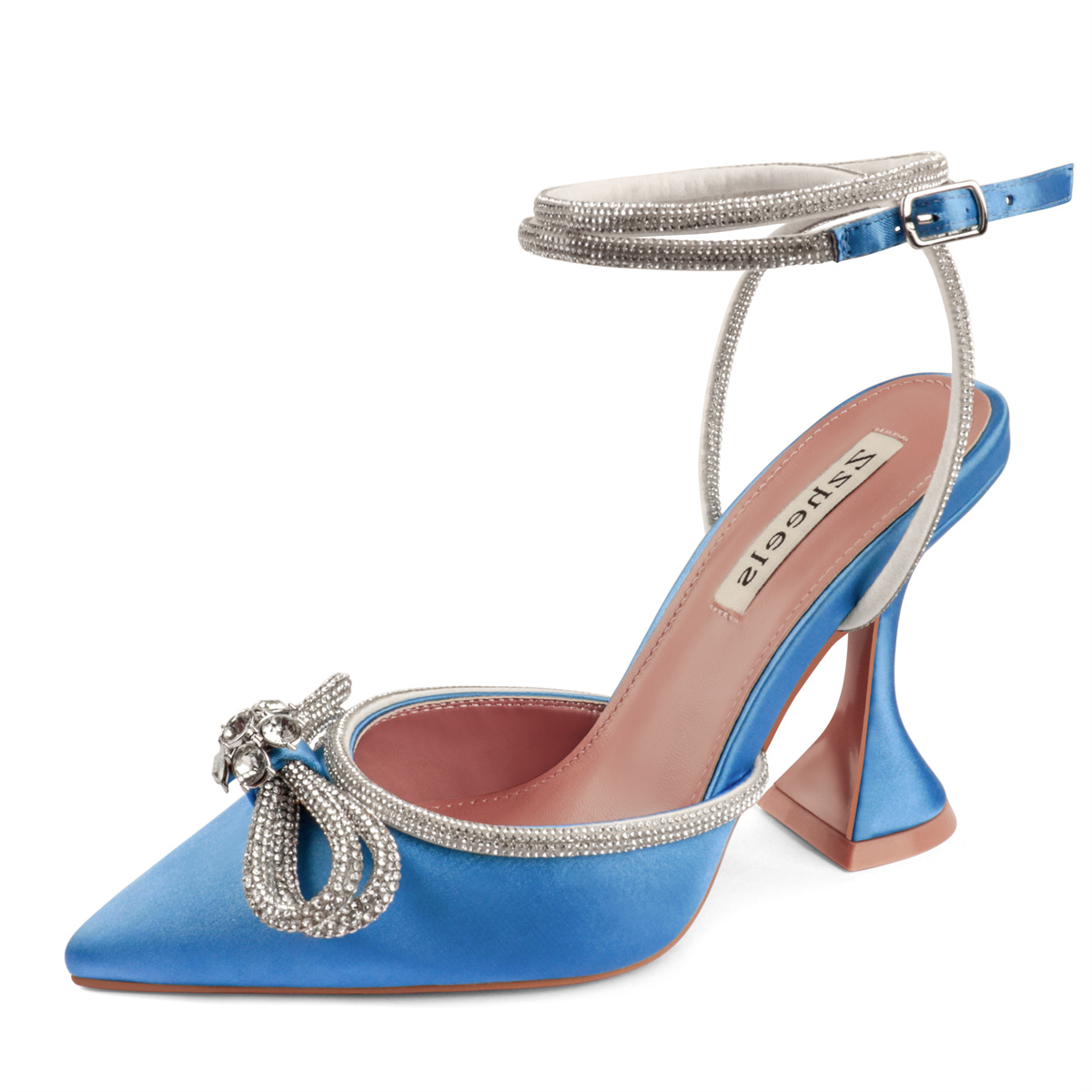 9.5cm/3.74 Women's Double Bow Pointed Toe Ankle Strap Crystal Pumps Wedding Bridal Party Stilettos Backless Satin Heeled Sandals