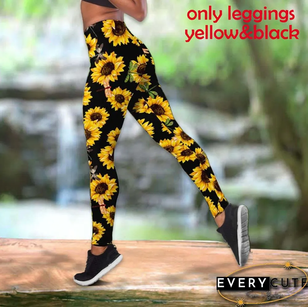 Womens Fashion Sunflowers Print Sports Tops Yoga Pants Leggings Fitness Clothes Tight High