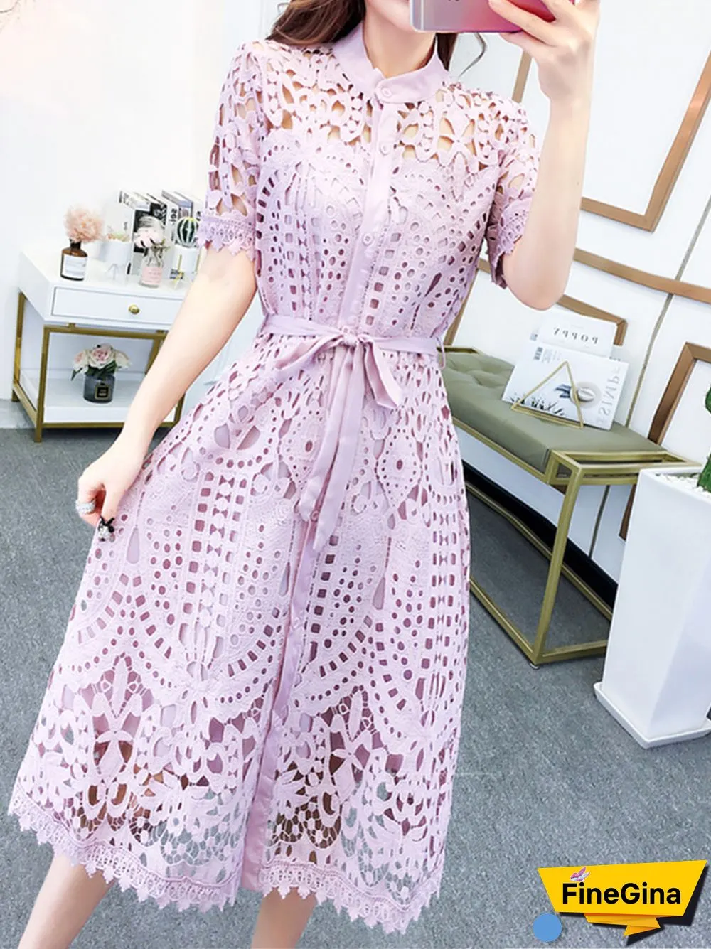 SMTHMA New Spring / Summer Runway Women's Clothings Pleated Stand Collar Short Sleeve Single Breasted Polka Dot Lace Dress