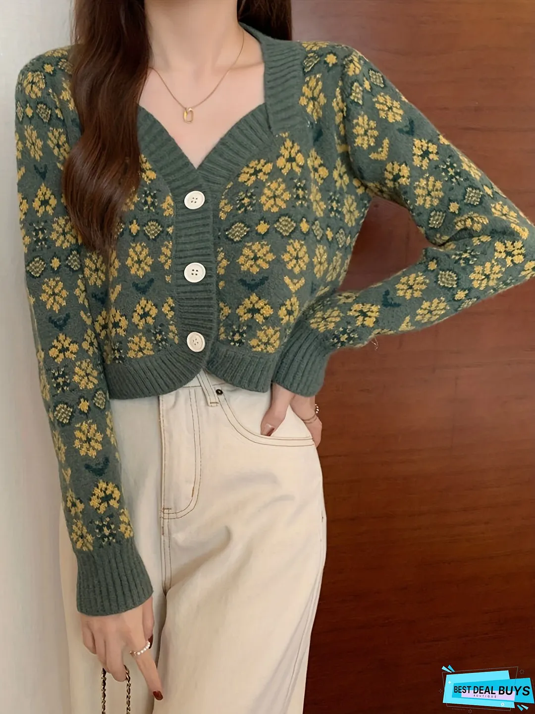 Floral Pattern Button Down Knit Cardigan, Cute Long Sleeve Crop Sweater, Women's Clothing