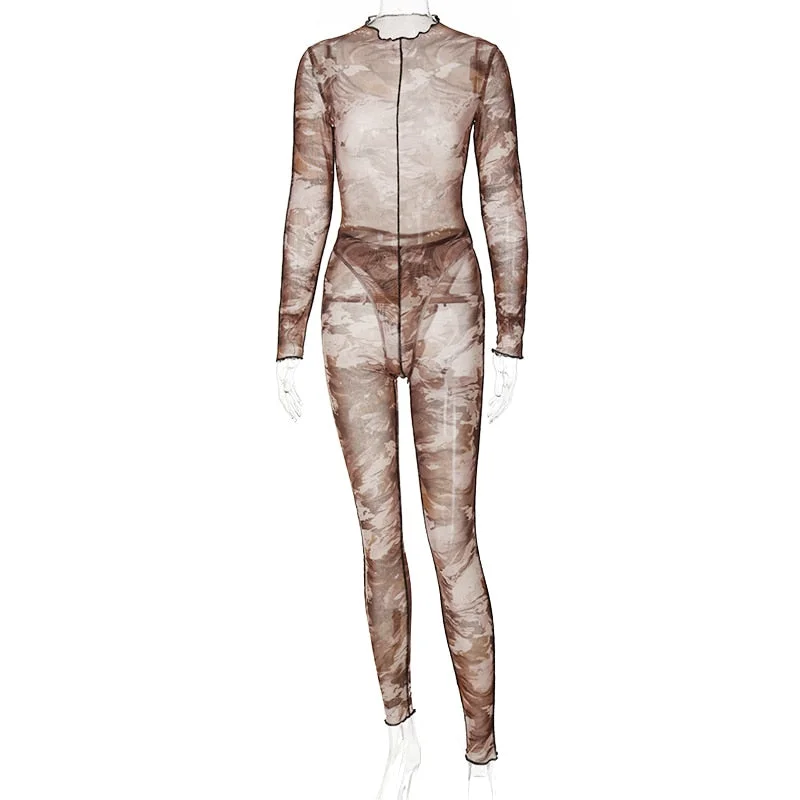 Hugcitar 2021 Long Sleeve Print See-Through Ruched Bodysuit Pencil Pants 2 Pieces Set Sexy Summer Women Streetwear Club Y2K