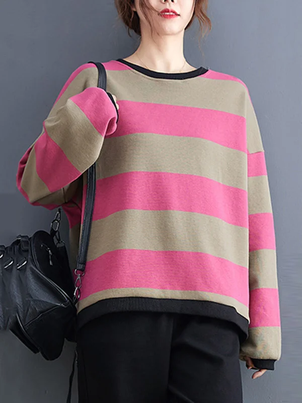 Casual Roomy Contrast Color Striped Sweatshirt