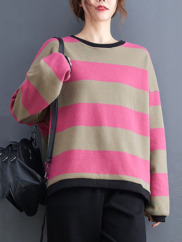 Casual Loose Contrast Color Striped Sweatshirt