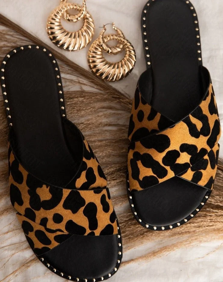 Vstacam Thanksgiving Women Flip Flops Leopard Print Summer 2022 Slippers Woman Casual Flats Cross Open Toe Female Lady Slides Slippers Sandals Shoes