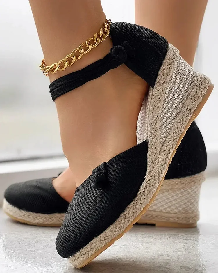 Women's Wedge Espadrilles - Closed Toe - Braided Jute Sole - Ankle Strap