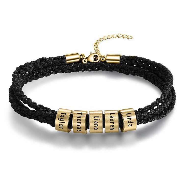 Pulsera de cuero trenzado Pulsera de hombre con 5 nombres personalizados con 5 cuentas