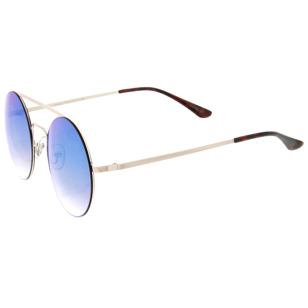 Modern Slim Double Nose Bridge Colored Mirror Flat Lens Round glasses 53mm