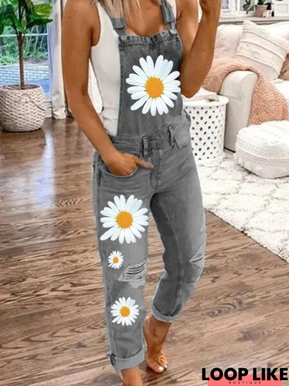 Denim Casual Plus Size Daisy Floral Printed Overalls Jumpsuit Jumpsuit & Romper