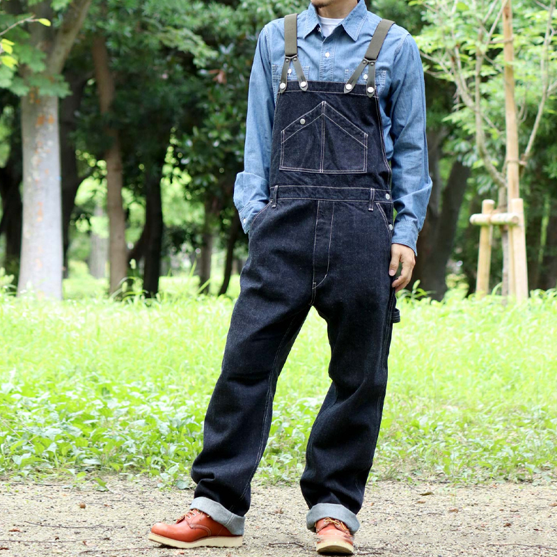 Vintage Denim Straight-Leg Adjustable Leather Strap Jumpsuit