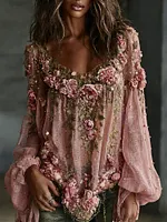 Women's Romantic Floral Embroidered Art Print Flowy Linen Blend Casual Tops