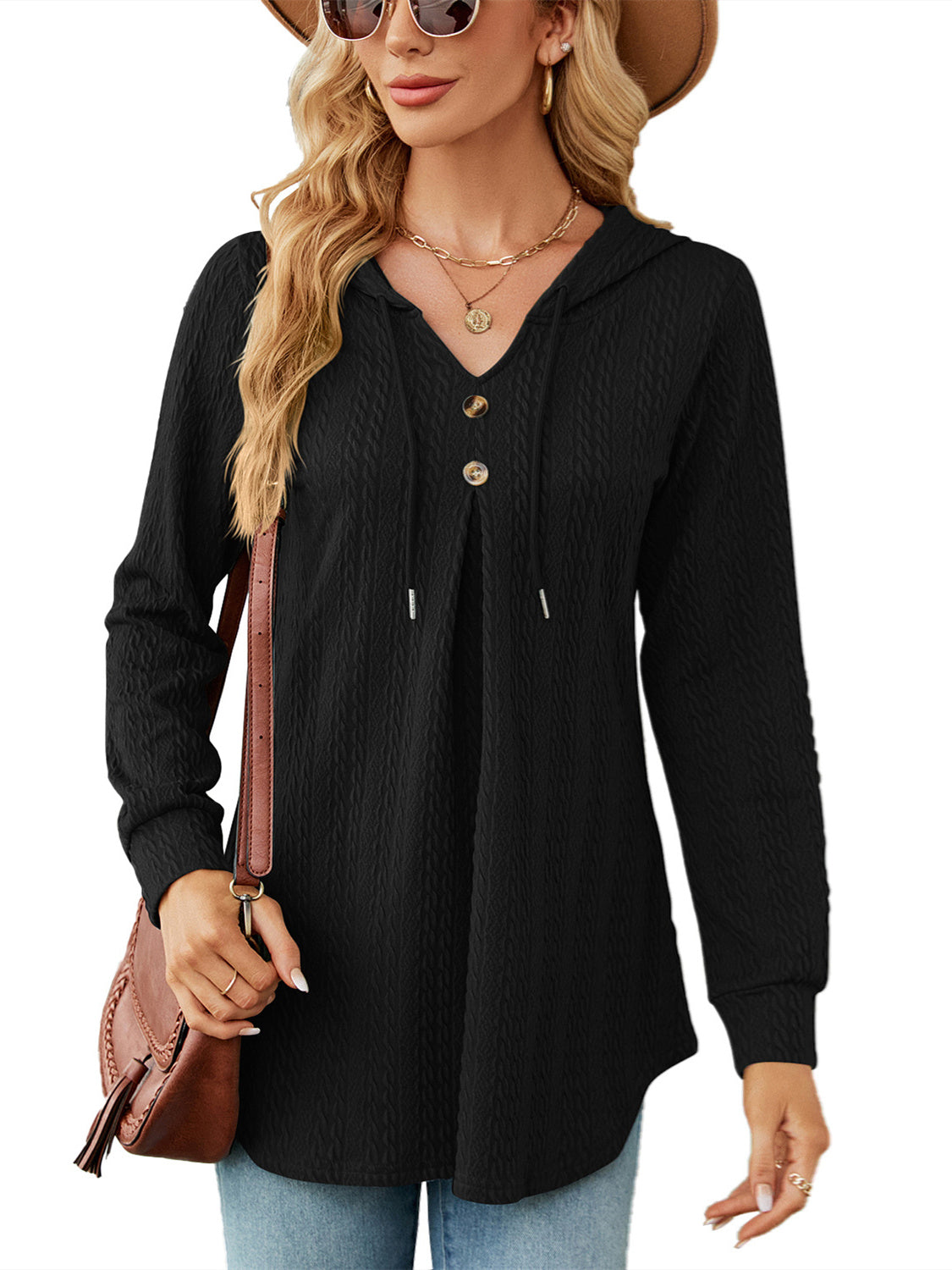 Women's Hollow Button Solid Color V-Neck Long Sleeve Top