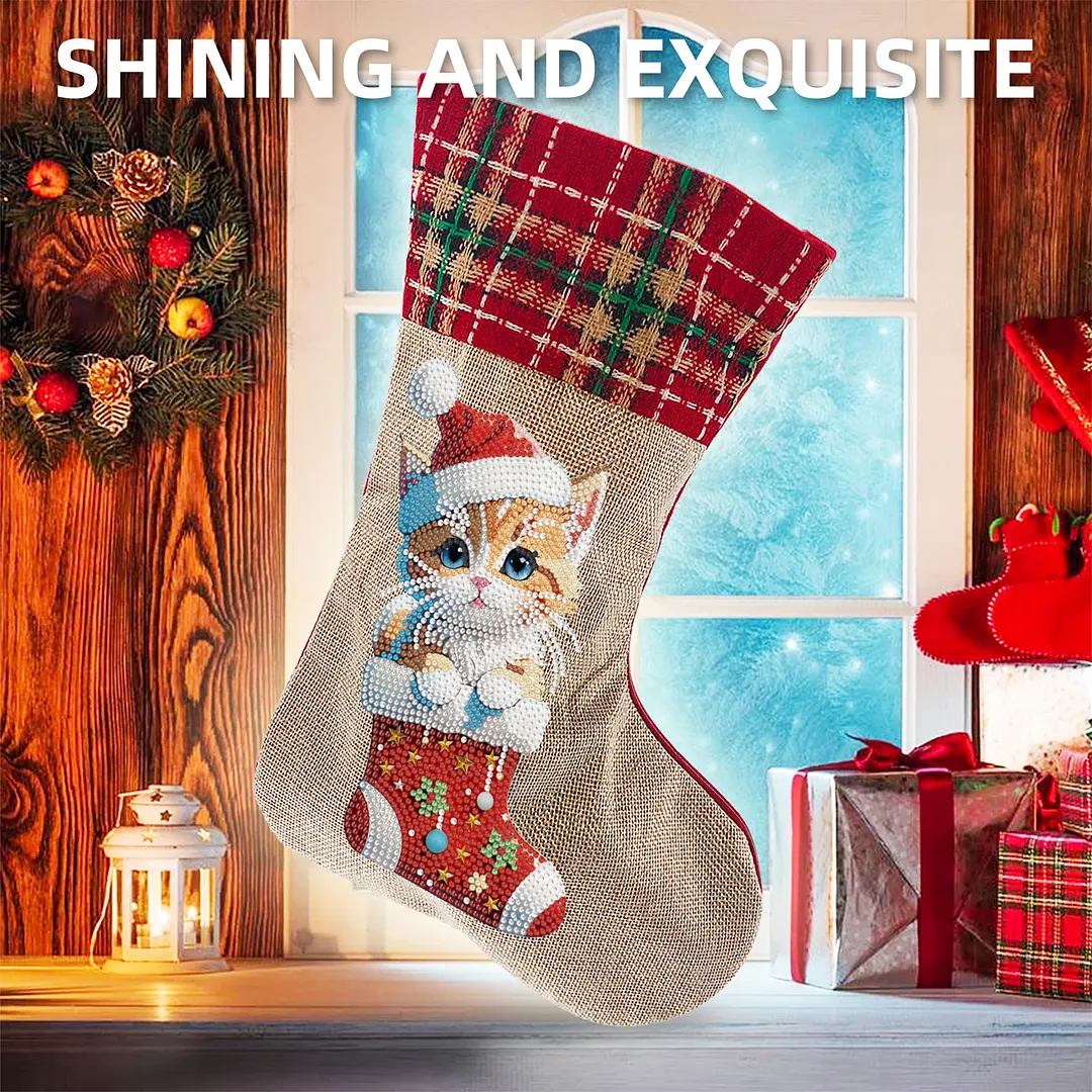 DIY Diamond Painting Christmas Stockings Hanging Ornaments Large Capacity Xmas Socks Pendant Wear Resist Candy Gift Storage Bags for Family Christmas Holiday Party Decoration (Christmas cat)