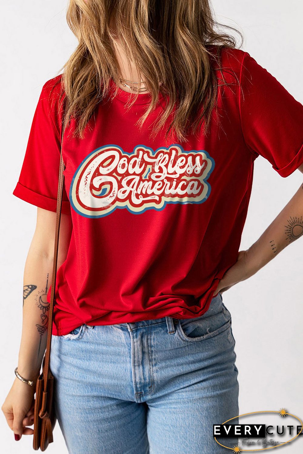 Red God Bless America Graphic Print Short Sleeve Top