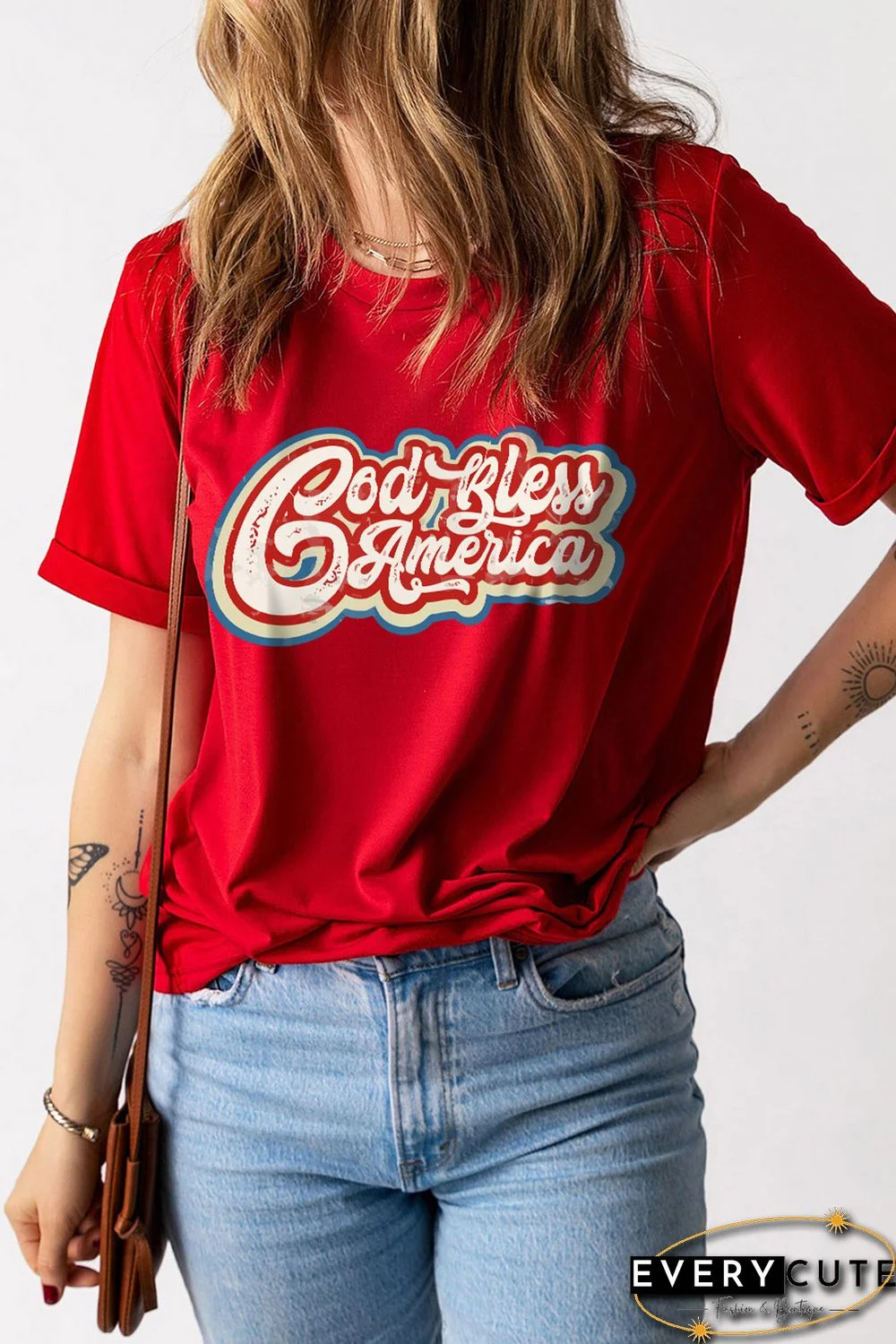 Red God Bless America Graphic Print Short Sleeve Top