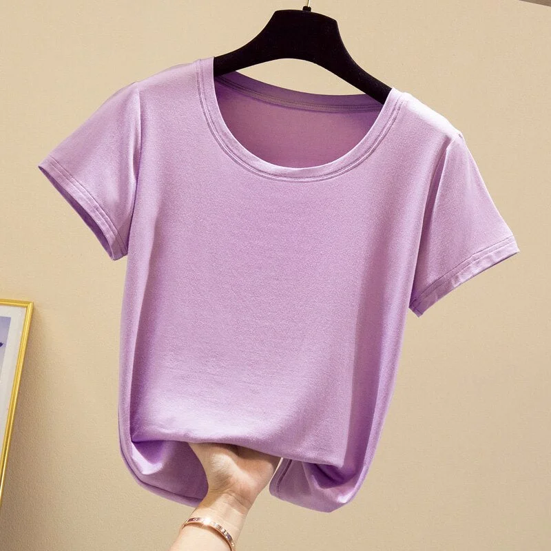 2020 Popular Light Thin High Elastic Fashion Casual Round Collar Short Sleeve T-Shirt Brand High Quality Pure Cotton Women'S Top