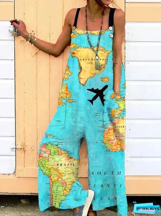 Women's Jumpsuits Loose Print Pocket Sleeveless Jumpsuit