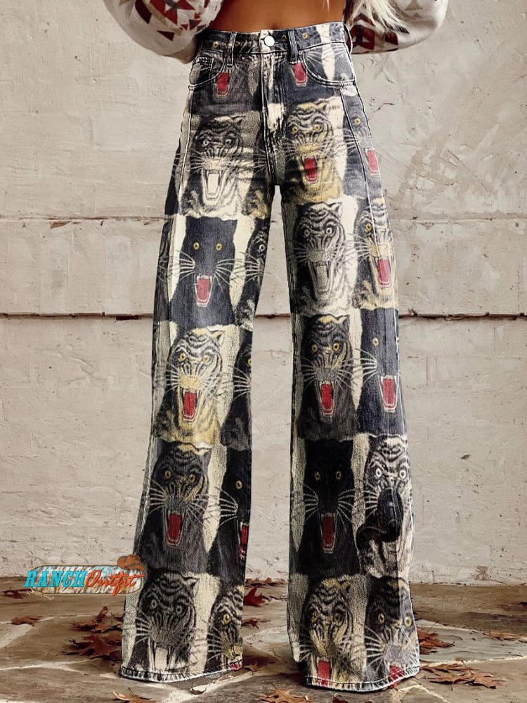Women’s Vintage Hand Drawn Tiger Art Print Casual Wide Leg Pants Multicolor / Xs