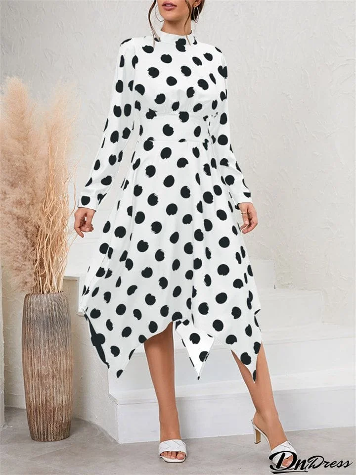 Female Graceful Irregular Casual Long Sleeve Polka Dot Dresses