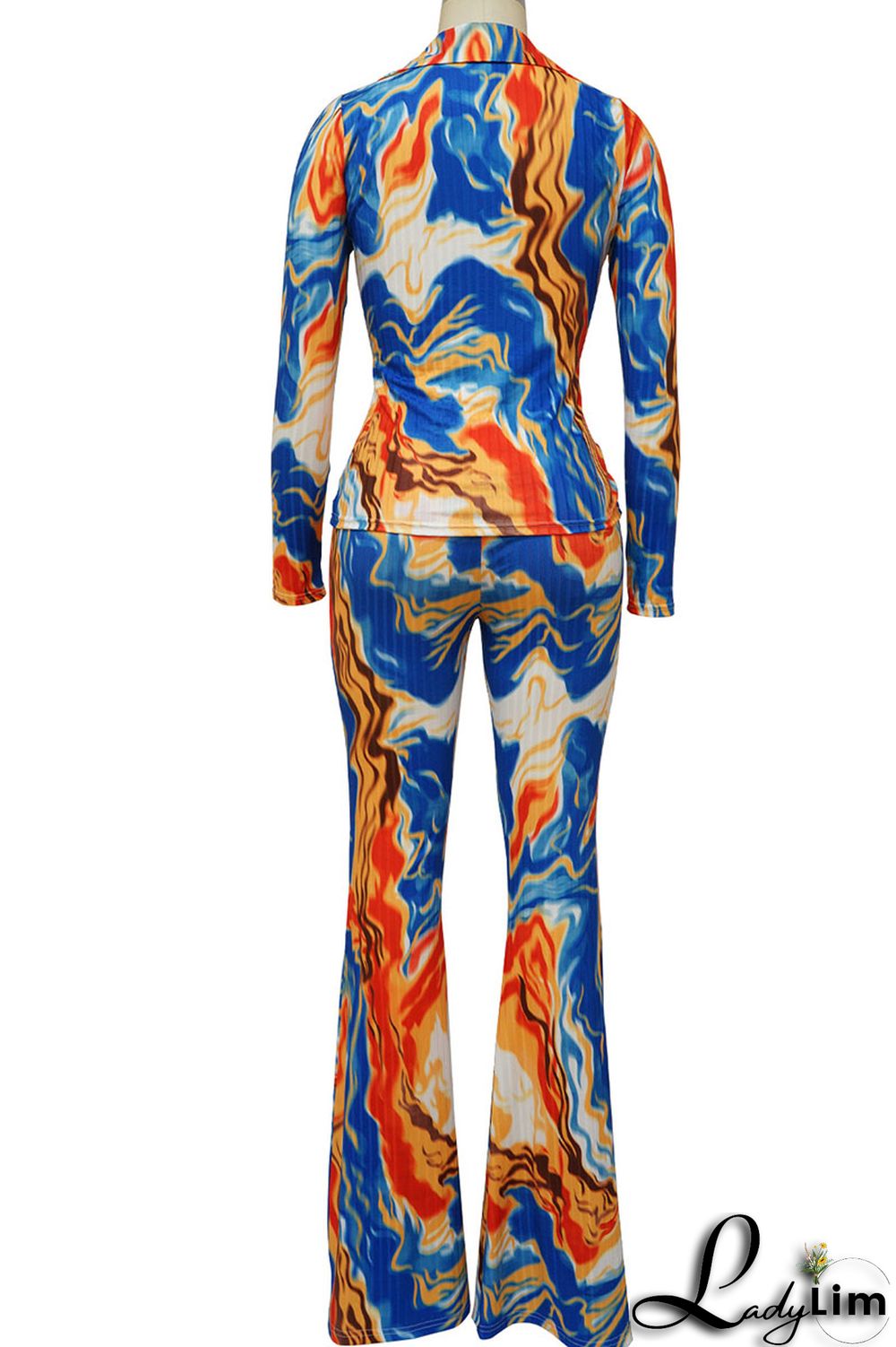 Blue Sexy Print Bandage Patchwork Turndown Collar Long Sleeve Two Pieces