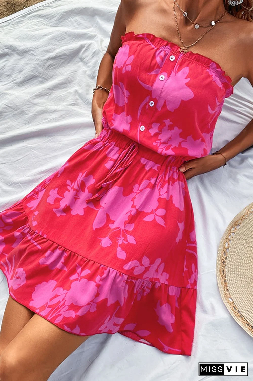 Fashion Floral Print Strapless Tie Waist Casual Dress