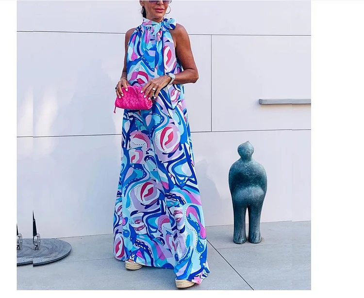 Promsstyle Halter neck sleeveless printing casual loose maxi dress Prom Dress 2023