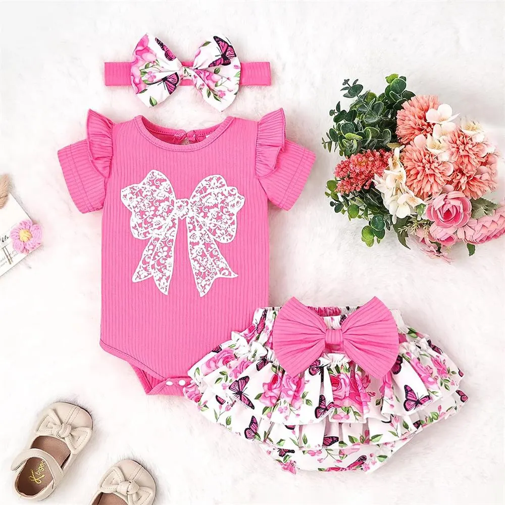 Summer Arrival Baby Girls Sleeveless Butterfly-bow Decorated bodysuit with Cherry Pattern