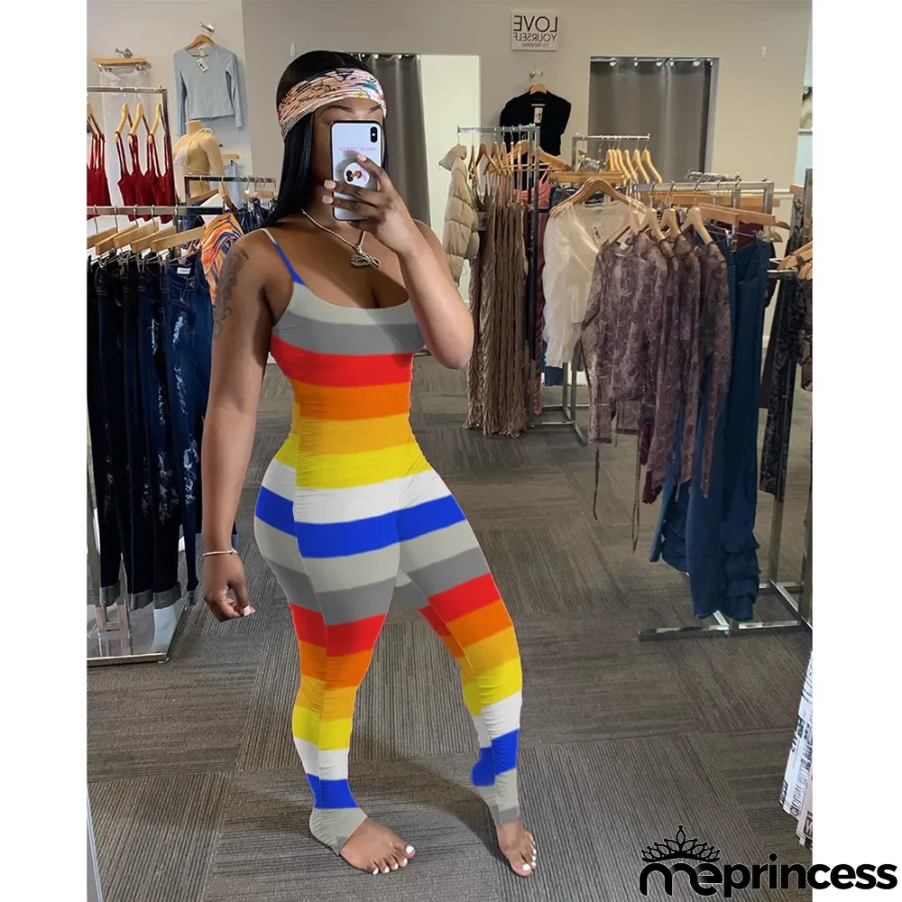 Plus Size Colorful Print Ruched Sports Skinny Sling Jumpsuit