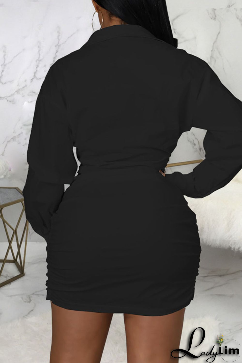 Black Casual Solid Patchwork Asymmetrical V Neck Shirt Dress Dresses(Without Belt)