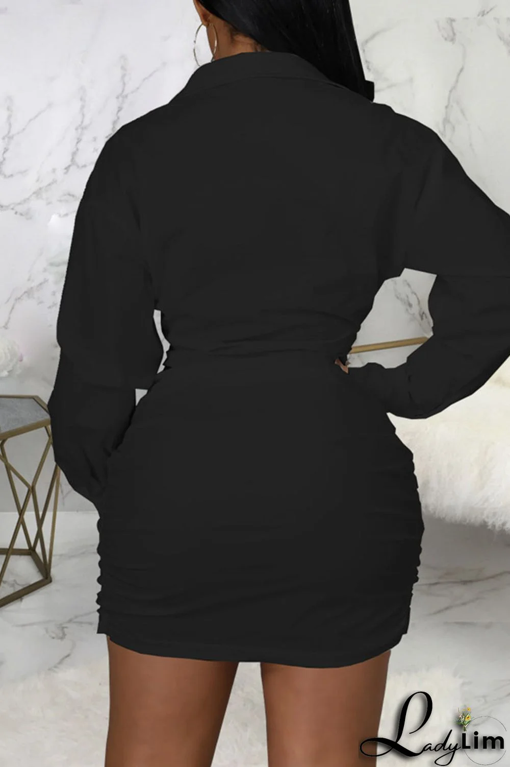 Black Casual Solid Patchwork Asymmetrical V Neck Shirt Dress Dresses(Without Belt)