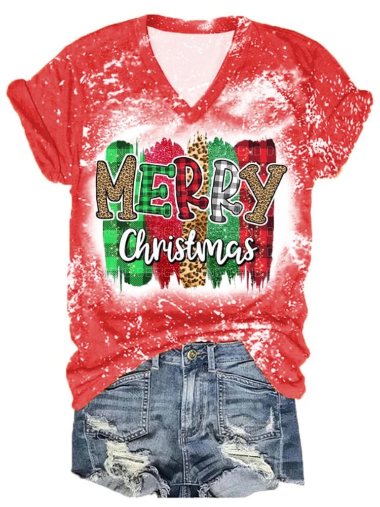 Comstylish Merry Christmas Bleach Print V Neck T Shirt