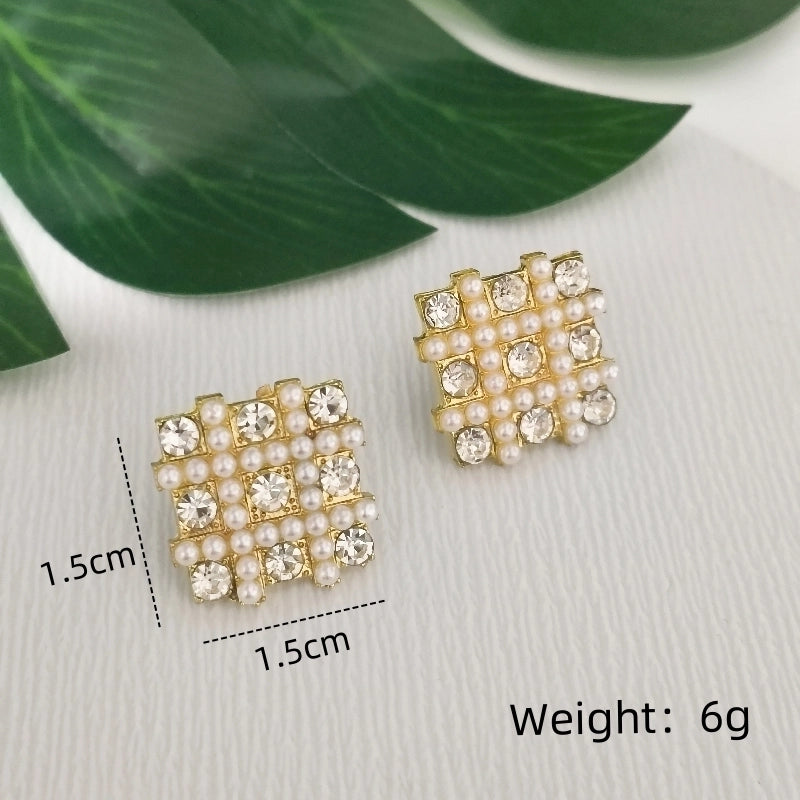 1 Pair Elegant Streetwear Commute Square Inlay Alloy Artificial Pearls Rhinestones Gold Plated Ear Studs